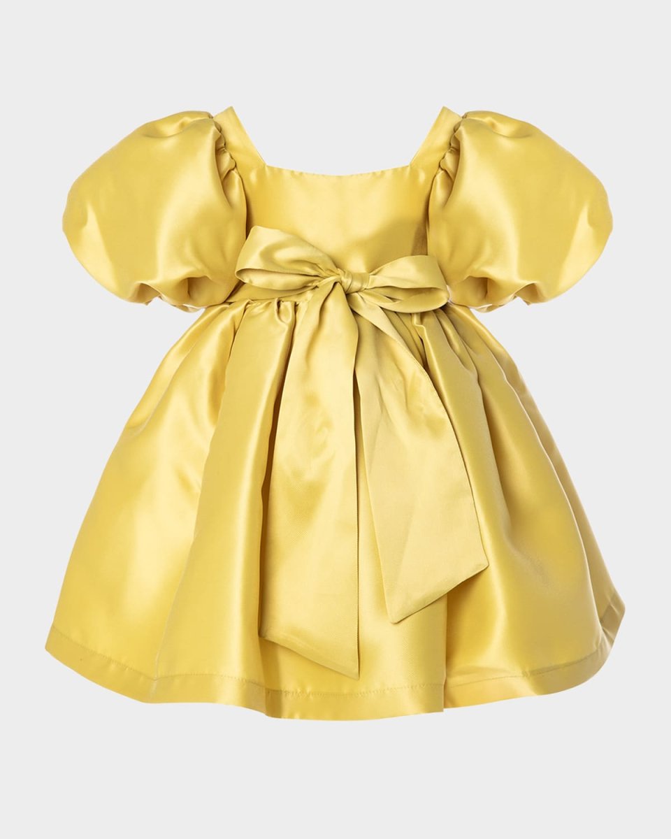 Girl's Balloon-Sleeve Bow Belted Dress, Size 3T-12